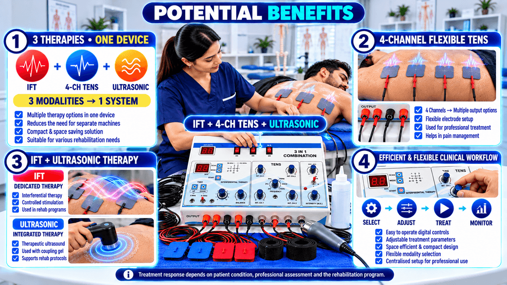 3 in 1 IFT 4 Channel TENS Ultrasonic Combo Device Potential benefits of a 3-in-1 IFT + 4-channel TENS + Ultrasonic physiotherapy machine, highlighting three therapy modalities in one device, flexible TENS output, IFT and ultrasonic support, and efficient clinical workflow.