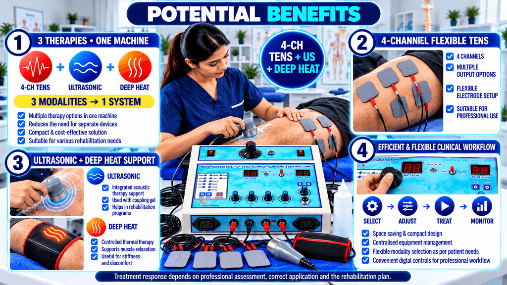 4-Ch TENS + US + Deep Heat Combo Physiotherapy Machine Potential benefits of a 4-channel TENS + Ultrasonic + Deep Heat physiotherapy machine, highlighting three therapies in one system, flexible TENS channels, ultrasonic and deep heat support, and efficient clinical workflow.