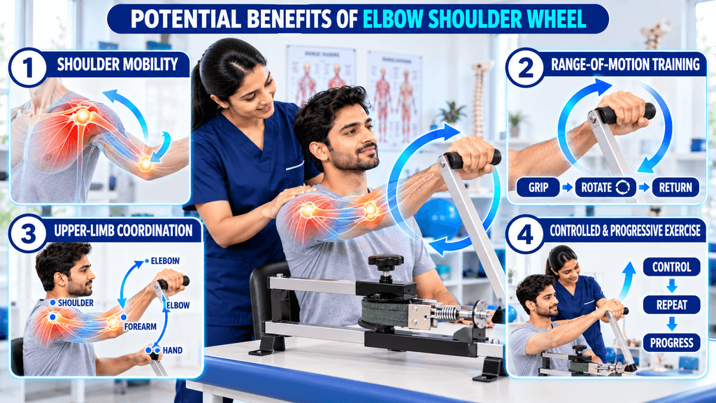 Potential benefits of an Elbow Shoulder Wheel, showing shoulder mobility, range-of-motion training, upper-limb coordination, and controlled progressive exercise in a physiotherapy clinic