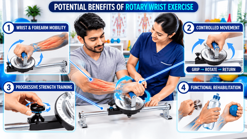 Rotary wrist exercise equipment demonstrating wrist and forearm mobility, controlled movement, progressive strength training, and functional rehabilitation.