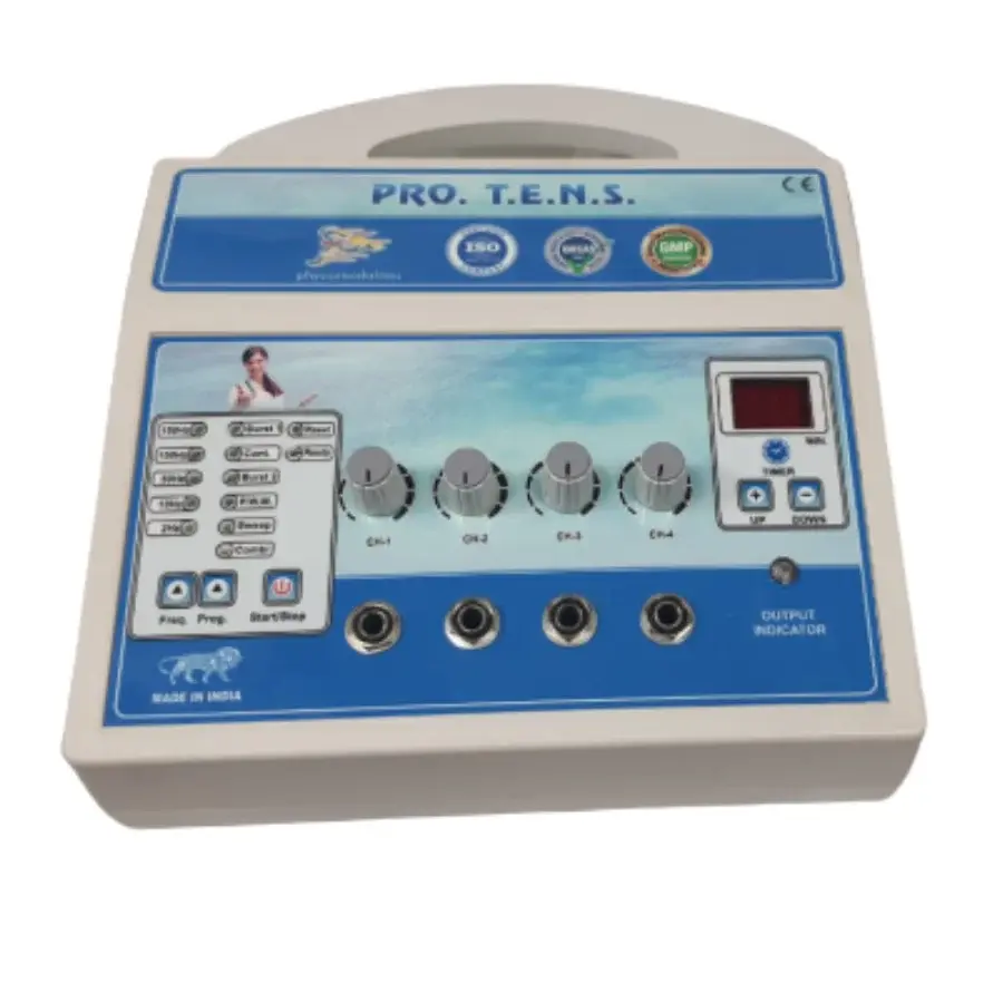 Pro TENS physiotherapy machine with four output channels, adjustable intensity control knobs, digital display, preset treatment programs, and front-panel electrode connections.