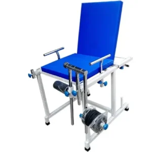Quadriceps Exercise Chair Quadriceps Exercise Chair with adjustable leg exercise mechanism, resistance weights, padded backrest, and arm supports for physiotherapy and knee rehabilitation.