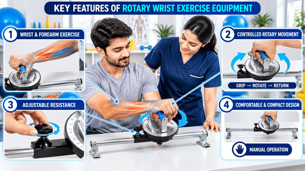 Rotary wrist exercise equipment for controlled wrist and forearm movement with adjustable resistance during physiotherapy rehabilitation.