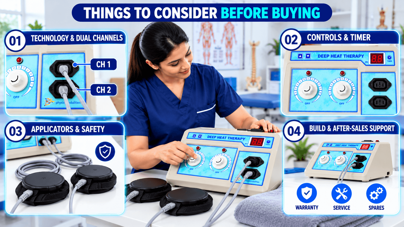 2-Channel Deep Heat Physiotherapy Machine Things to consider before buying a 2-channel Deep Heat Therapy Physiotherapy Machine, highlighting dual-channel technology, controls and timer, applicators and safety, and build quality with warranty, service, and spares support.