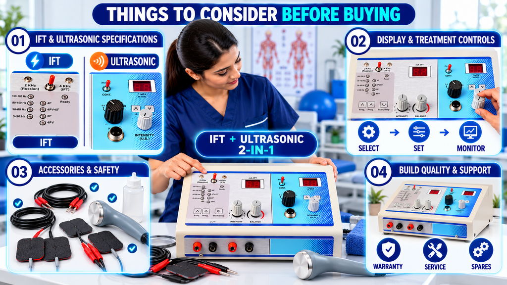 2-in-1 IFT + US Physiotherapy Machine Things to consider before buying a 2-in-1 IFT and Ultrasonic Therapy Machine, covering IFT and ultrasonic specifications, display and treatment controls, accessories and safety, and build quality with warranty, service, and spares support.