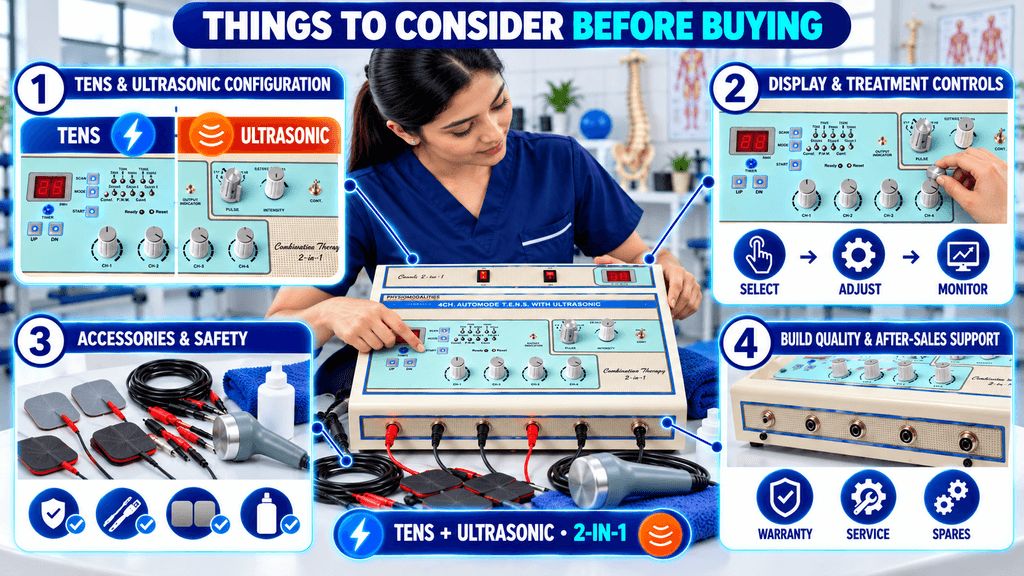 Things to consider before buying a 2-in-1 TENS and Ultrasonic Therapy Machine, highlighting therapy configuration, treatment controls, accessories and safety, and build quality with after-sales support.