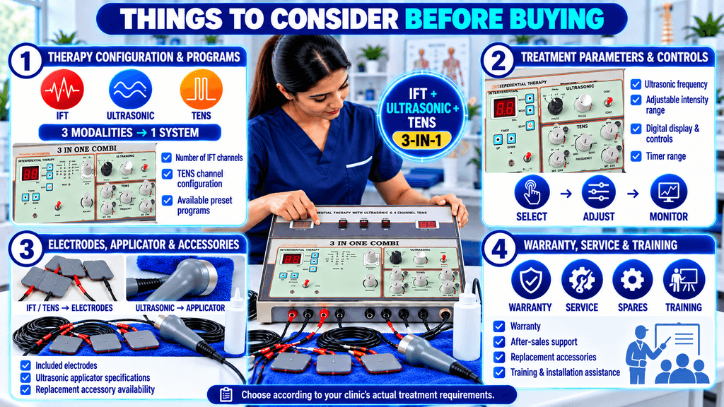 3-in-1 IFT + Ultrasonic + TENS Physiotherapy Machine Things to consider before buying a 3-in-1 IFT, Ultrasonic, and TENS physiotherapy machine, including therapy configuration, treatment parameters, controls, accessories, applicator compatibility, warranty, service, and training.
