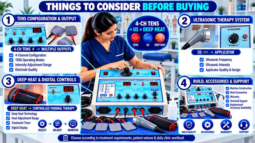 4-Ch TENS + US + Deep Heat Combo Physiotherapy Machine 4-channel TENS + Ultrasonic + Deep Heat physiotherapy machine buying guide highlighting TENS configuration, ultrasonic therapy, deep heat controls, digital operation, accessories, build quality, warranty, and technical support.