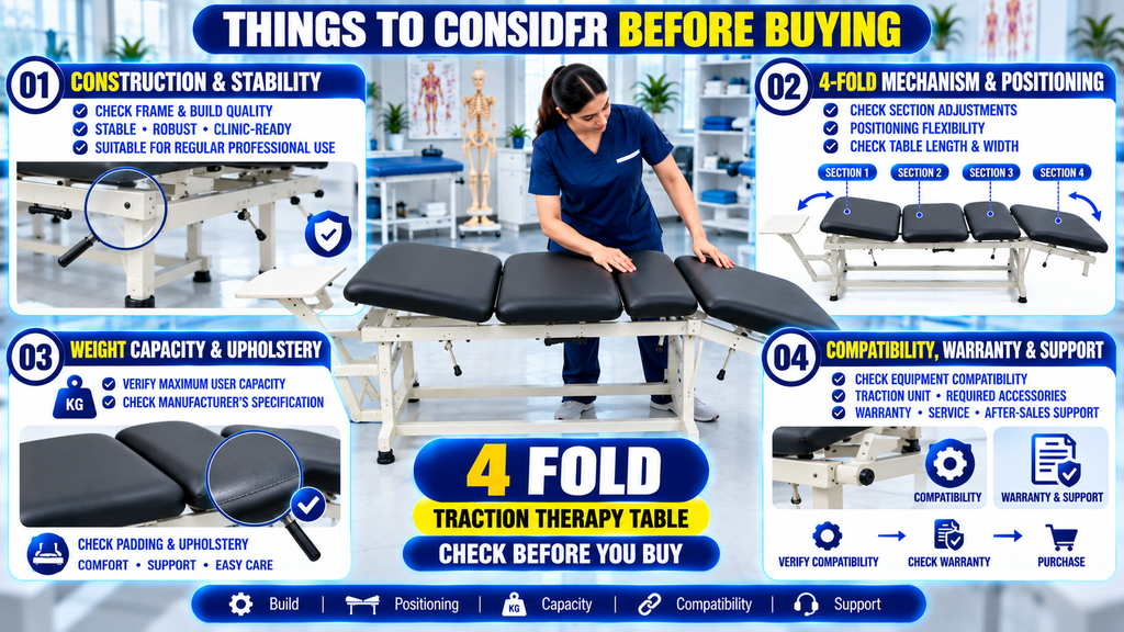 4 Fold Traction Therapy Table Things to consider before buying a 4-fold traction therapy table, including construction, stability, section positioning, weight capacity, upholstery, equipment compatibility, warranty, and after-sales support.