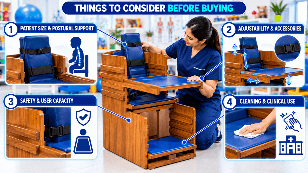 Cerebral Palsy (CP) Chair Cerebral Palsy (CP) chair showing key buying considerations including patient size and postural support, adjustability and accessories, safety and user capacity, and cleaning for clinical use.