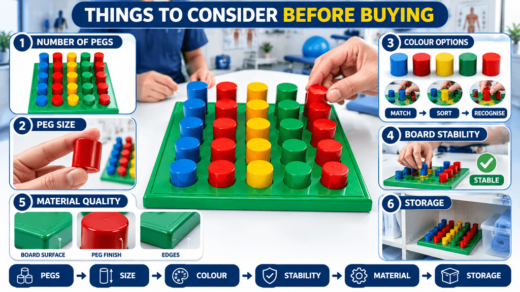 Five Round Peg Board Five Round Peg Board with colorful pegs showing key buying considerations including number of pegs, peg size, colour options, board stability, material quality, and storage.