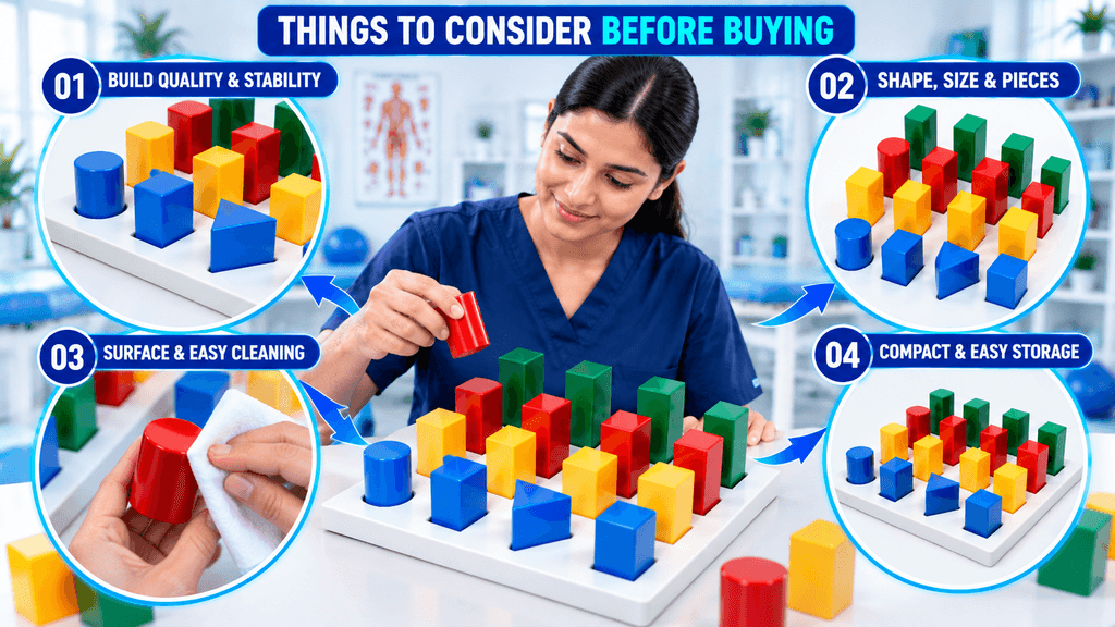 Geometric Peg Board Geometric Peg Board with colorful geometric pieces, showing build quality and stability, shape and piece variety, easy cleaning, and compact storage for hand therapy and rehabilitation exercises.