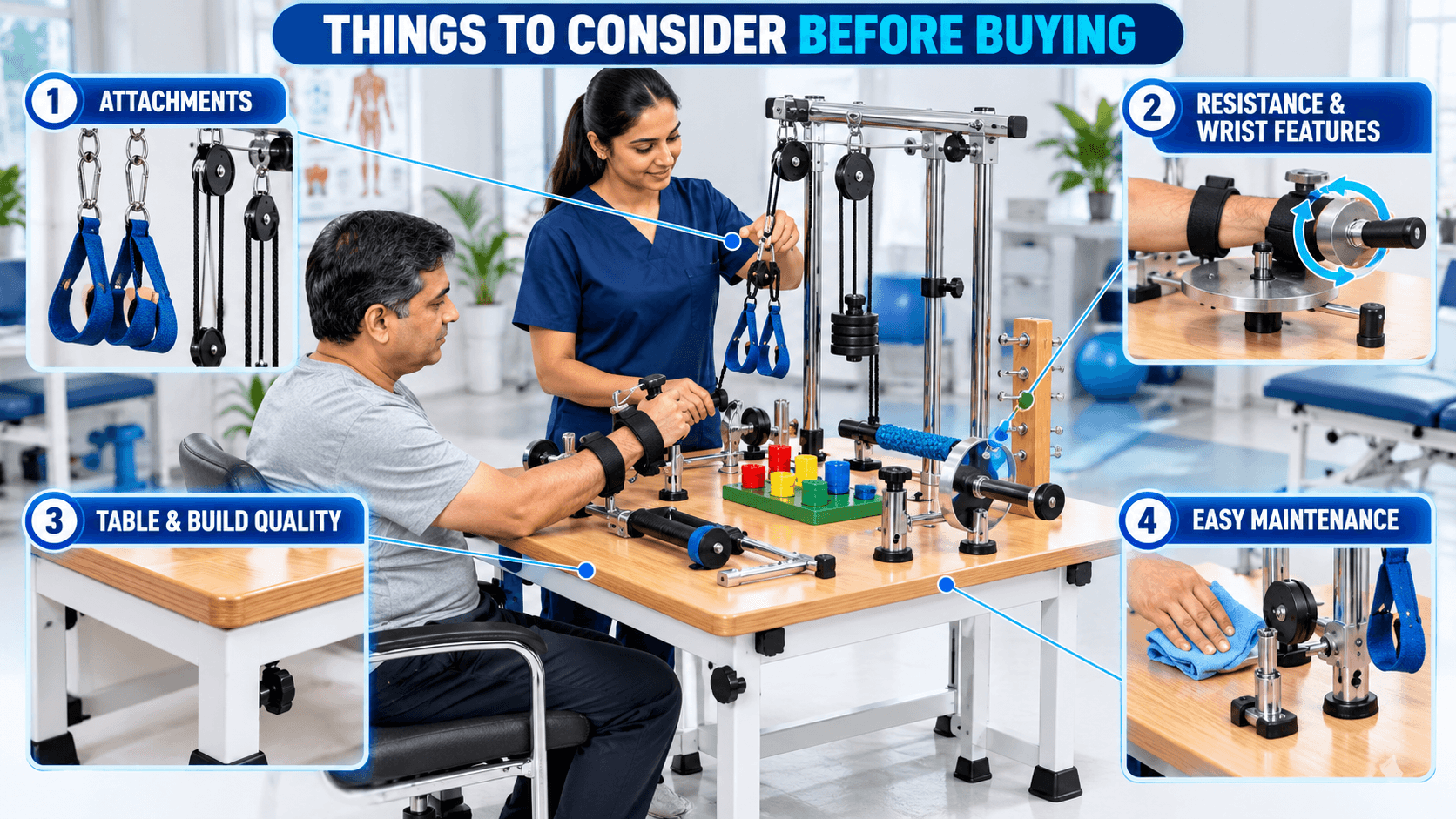 Hand Exercise Table Hand Exercise Table with multiple rehabilitation attachments and pulley systems, highlighting attachments, resistance and wrist features, table and build quality, and easy maintenance.