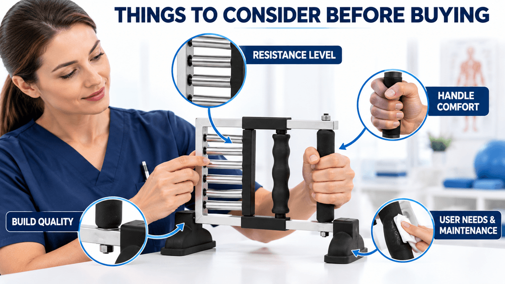 Hand Gripper Exercise Infographic showing key factors to consider before buying a hand gripper exercise device, including resistance level, handle comfort, build quality, and user needs and maintenance.