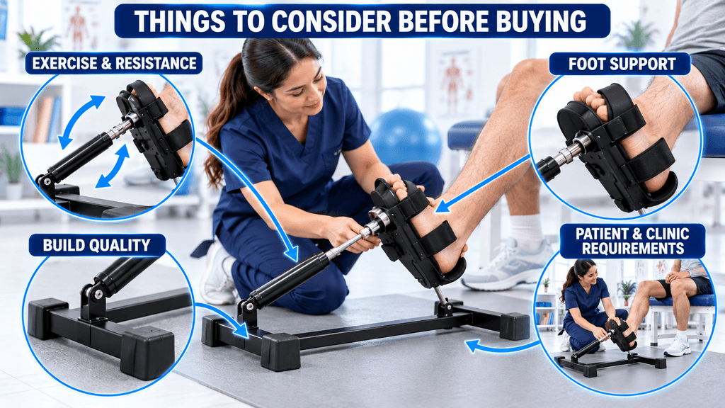 Infographic showing factors to consider before buying a heel and ankle exercise machine, including exercise and resistance options, foot support, build quality, and patient and clinic requirements.