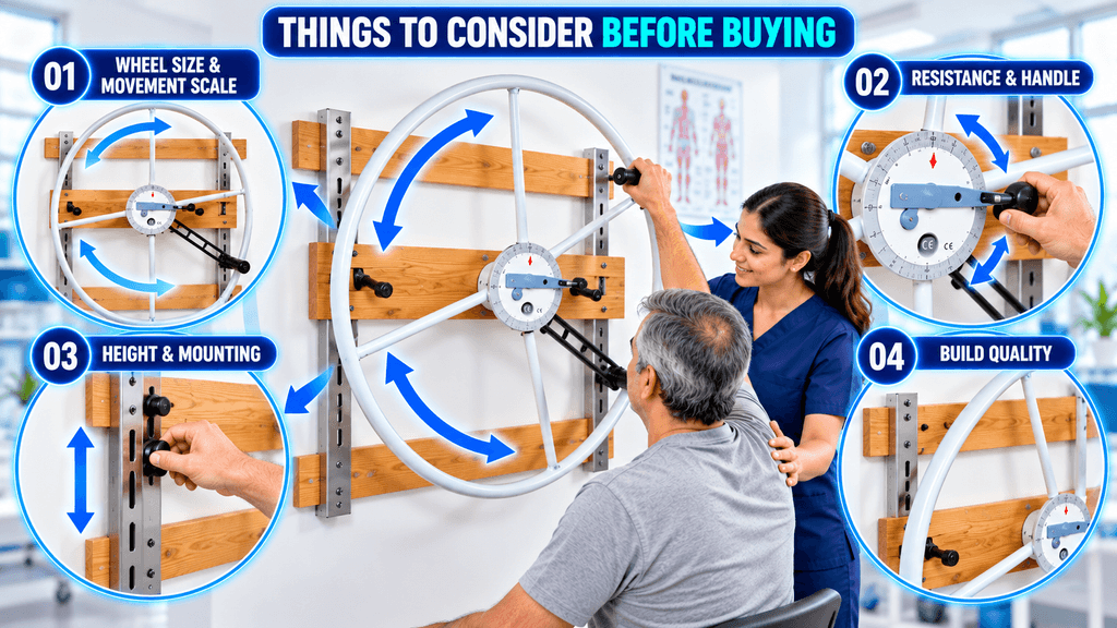 Large Shoulder Wheel Large wall-mounted shoulder wheel in a physiotherapy clinic with a physiotherapist supervising a patient, highlighting wheel size and movement scale, resistance and handle, height and mounting, and overall build quality.