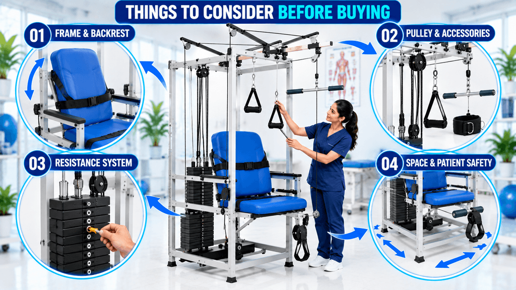 Multi Exercise Chair Buying guide for a Multi Exercise Chair highlighting four considerations: frame and backrest, pulley and accessories, resistance system, and space and patient safety, with a physiotherapist inspecting the equipment in a clinical setting.
