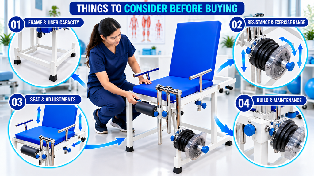 Quadriceps Exercise Chair Quadriceps Exercise Chair with callouts highlighting frame and user capacity, resistance and exercise range, seat adjustments, and build quality and maintenance.