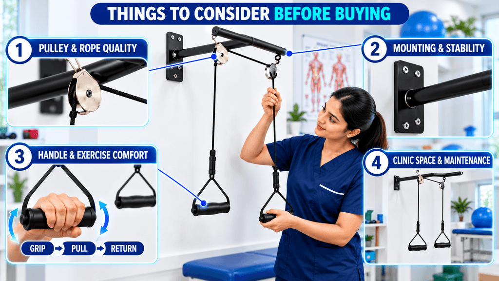 Shoulder T-Pulley Exercise Kit Shoulder T-Pulley Exercise Kit in a physiotherapy clinic, highlighting pulley and rope quality, secure wall mounting, comfortable exercise handles, and clinic space and maintenance considerations.