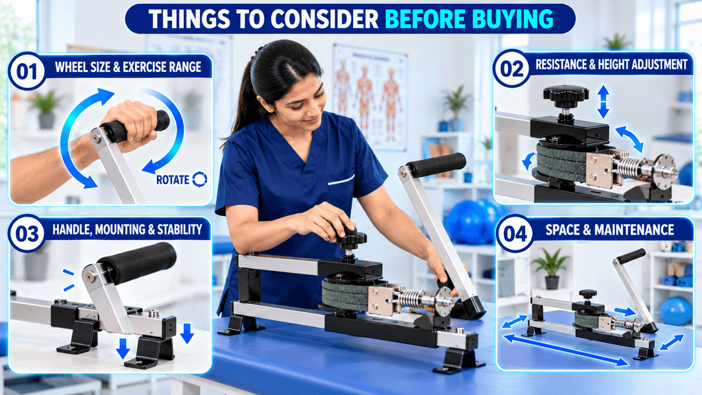 Things to consider before buying an Elbow Shoulder Wheel, including wheel size and exercise range, resistance and height adjustment, handle mounting and stability, and space and maintenance requirements.