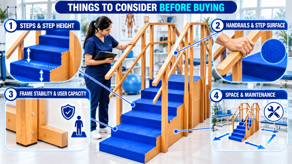 Exercise Straight Stair Case Exercise straight stair case with blue steps and wooden handrails, highlighting step height, handrail and step surface, frame stability, user capacity, space and maintenance considerations.