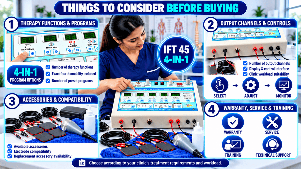 Things to consider before buying an IFT 45 4-in-1 physiotherapy machine, including therapy functions and programs, output channels and controls, accessories and compatibility, and warranty, service, and training.