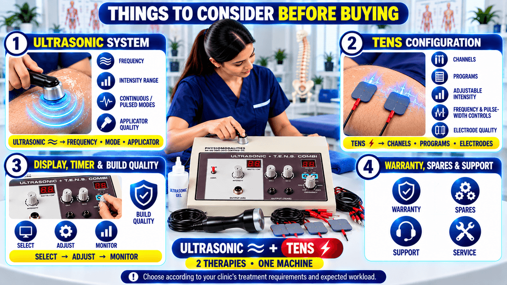 Things to consider before buying an Ultrasonic + TENS combination physiotherapy machine, covering the ultrasonic system, TENS configuration, treatment controls and timer, build quality, warranty, spare accessories, technical support, and after-sales service.