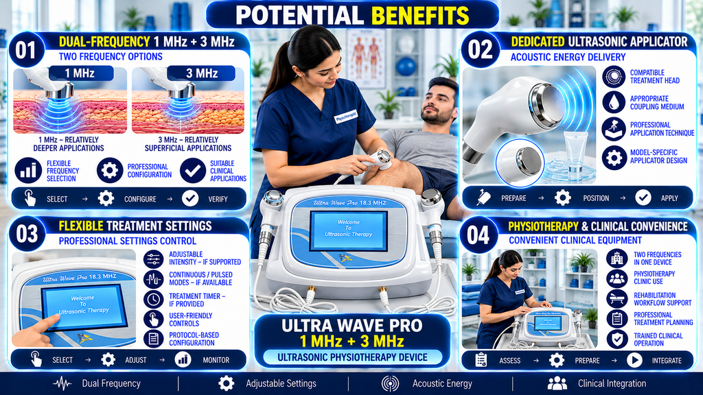 Ultra Wave Pro 1 MHz and 3 MHz ultrasonic physiotherapy machine infographic highlighting dual-frequency technology, handheld ultrasound applicator, digital touchscreen controls, adjustable treatment settings, and professional clinical applications.
