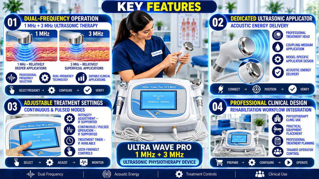Ultra Wave Pro 1 MHz and 3 MHz ultrasonic therapy machine infographic highlighting dual-frequency operation, dedicated ultrasound applicator, digital touchscreen controls, adjustable treatment settings, and professional physiotherapy applications.