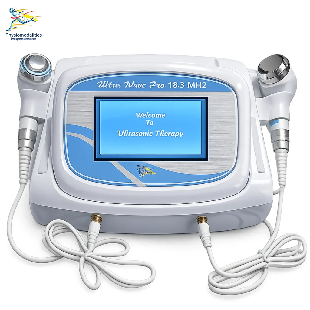 Ultra Wave Pro 18.3 MHz ultrasonic therapy machine with digital touchscreen display, two handheld treatment applicators, and connecting cables for professional aesthetic and therapeutic applications.