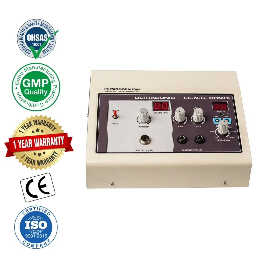 Ultrasonic + TENS combination physiotherapy machine with adjustable ultrasound intensity, TENS channel controls, frequency and treatment timer, shown with CE, ISO 9001:2015, GMP, OHSAS, and 1-year warranty badges.