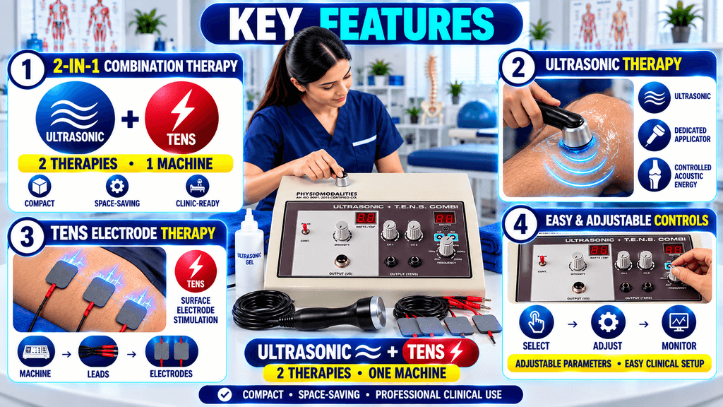 Key features of an Ultrasonic + TENS combination physiotherapy machine, showing dual therapy functions, ultrasonic therapy with dedicated applicator, TENS electrode stimulation, adjustable controls, and compact clinical design.