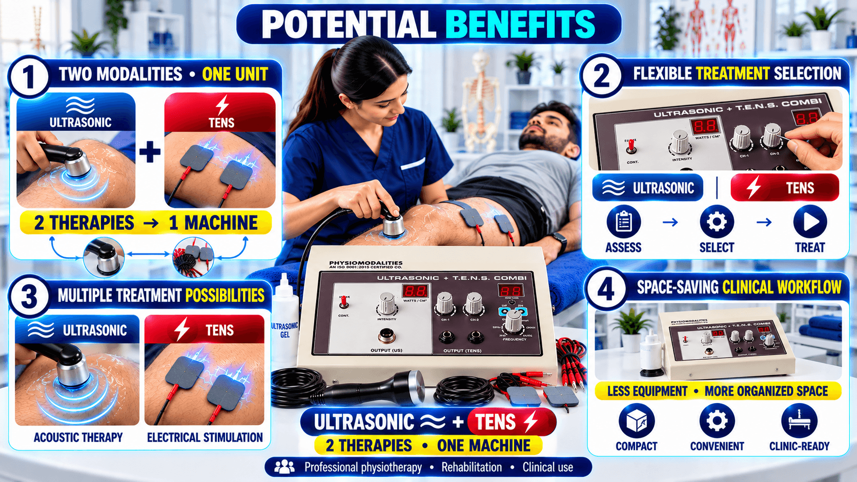 Potential benefits of an Ultrasonic + TENS combination physiotherapy machine, highlighting two therapy modalities in one unit, flexible treatment selection, multiple treatment possibilities, and a space-saving clinical workflow.