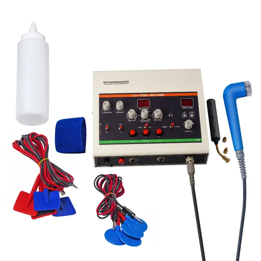 Ultrasonic + TENS + MS Combi physiotherapy machine with ultrasonic applicator, electrode pads, therapy leads, coupling gel bottle, and adjustable treatment controls.