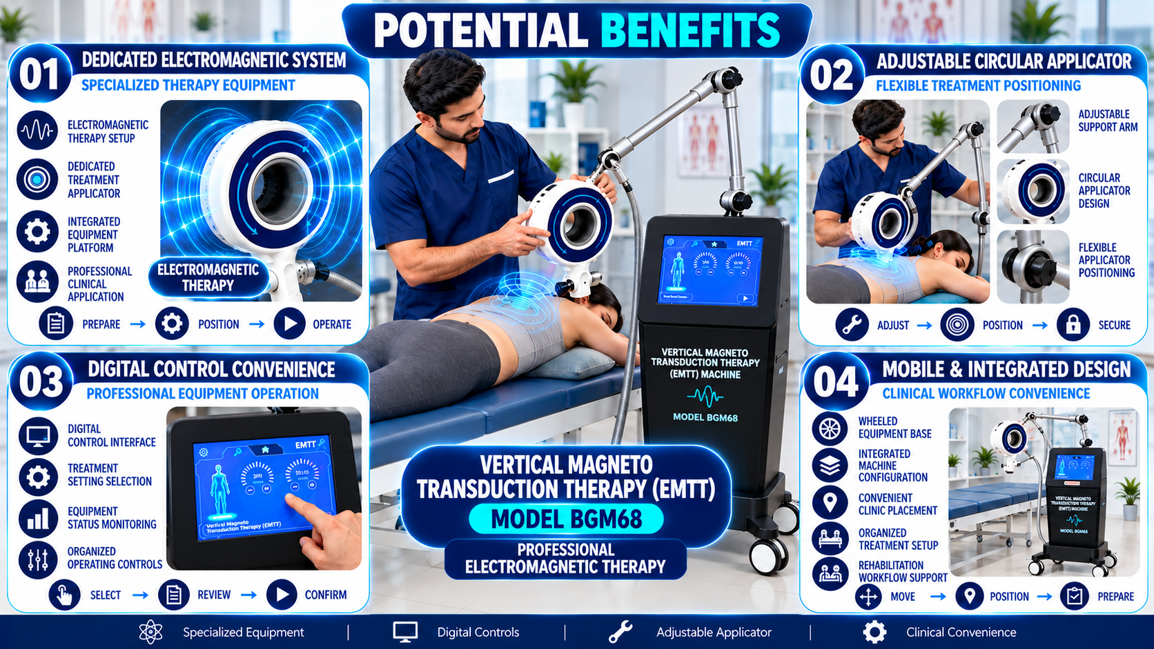Vertical Magneto Transduction Therapy (EMTT) Machine Model BGM68 Showing Potential Benefits, Adjustable Circular Applicator, Digital Controls and Clinical Setup