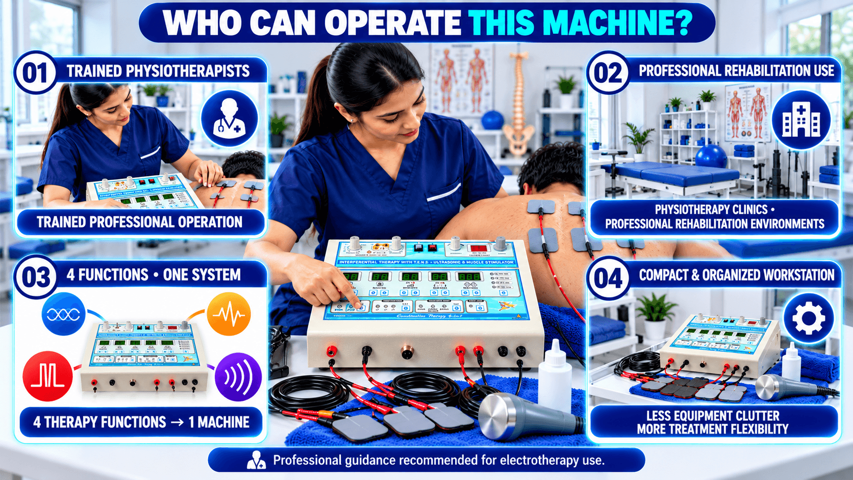 Who can operate an IFT 45 4-in-1 physiotherapy machine, showing trained physiotherapists, professional rehabilitation environments, four integrated therapy functions, and a compact organized workstation.