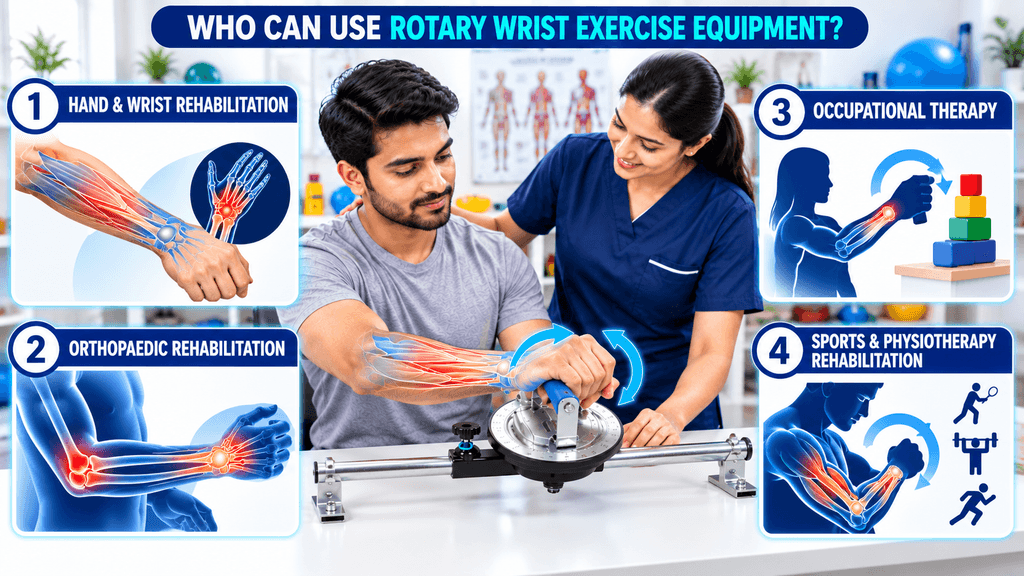 Rotary wrist exercise equipment used for hand and wrist rehabilitation, orthopaedic rehabilitation, occupational therapy, and sports physiotherapy.