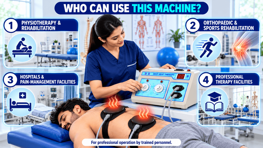 2-Channel Deep Heat Physiotherapy Machine Who can use a 2-channel Deep Heat Therapy machine, showing applications in physiotherapy and rehabilitation, orthopaedic and sports rehabilitation, hospitals and pain-management facilities, and professional therapy facilities.