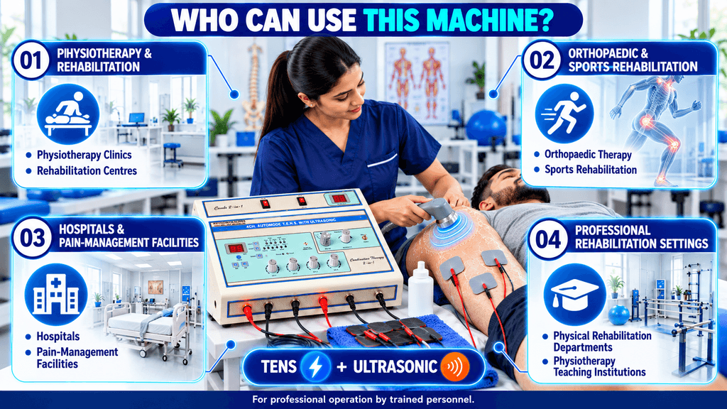Who can use a 2-in-1 TENS and Ultrasonic Therapy Machine, highlighting physiotherapy and rehabilitation clinics, orthopaedic and sports rehabilitation, hospitals and pain-management facilities, and professional rehabilitation and teaching settings.