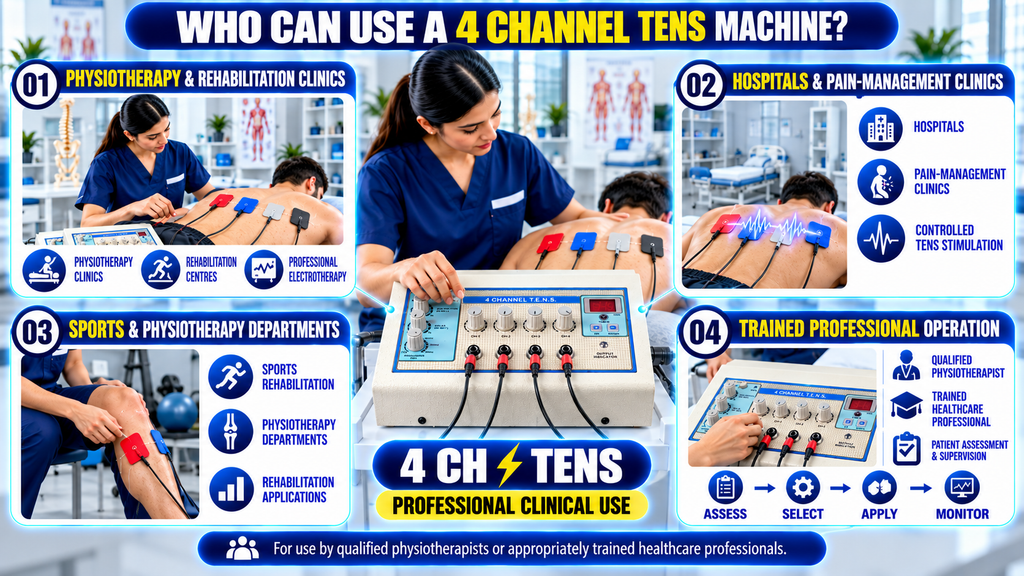 4 Channel TENS Physiotherapy Machine Who can use a 4-channel TENS machine, showing physiotherapy and rehabilitation clinics, hospitals, pain-management clinics, sports rehabilitation departments, and trained healthcare professionals.