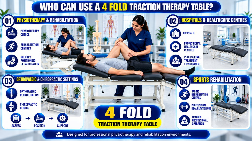 4 Fold Traction Therapy Table Who can use a 4-fold traction therapy table, showing physiotherapy clinics, rehabilitation centres, hospitals, healthcare centres, orthopaedic and chiropractic settings, and sports rehabilitation facilities.
