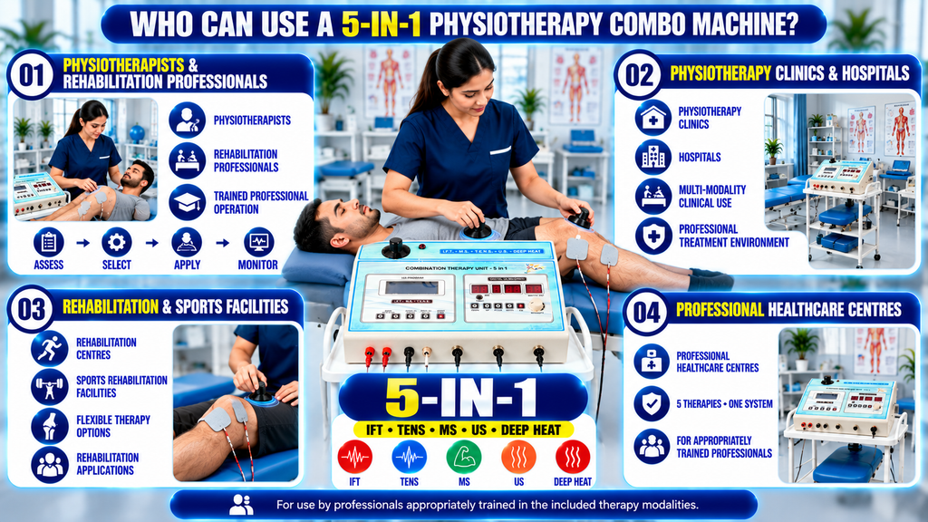 5-in-1 Physiotherapy Combo Machine 5-in-1 physiotherapy combo machine for professional use, featuring IFT, TENS, muscle stimulation, ultrasonic therapy, and deep heat therapy.