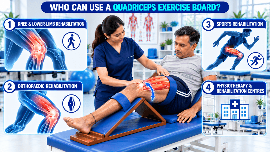 Quadriceps exercise board used for knee and lower-limb rehabilitation, orthopaedic rehabilitation, sports rehabilitation, and physiotherapy training.