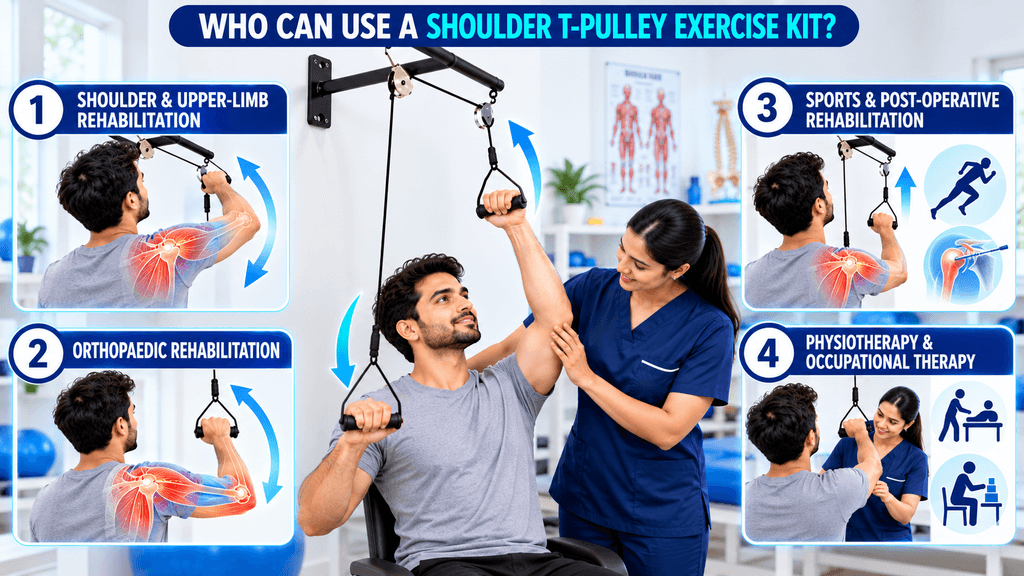 Shoulder T-Pulley Exercise Kit Shoulder T-Pulley Exercise Kit being used for shoulder and upper-limb rehabilitation, orthopaedic rehabilitation, sports recovery, and physiotherapy exercises.