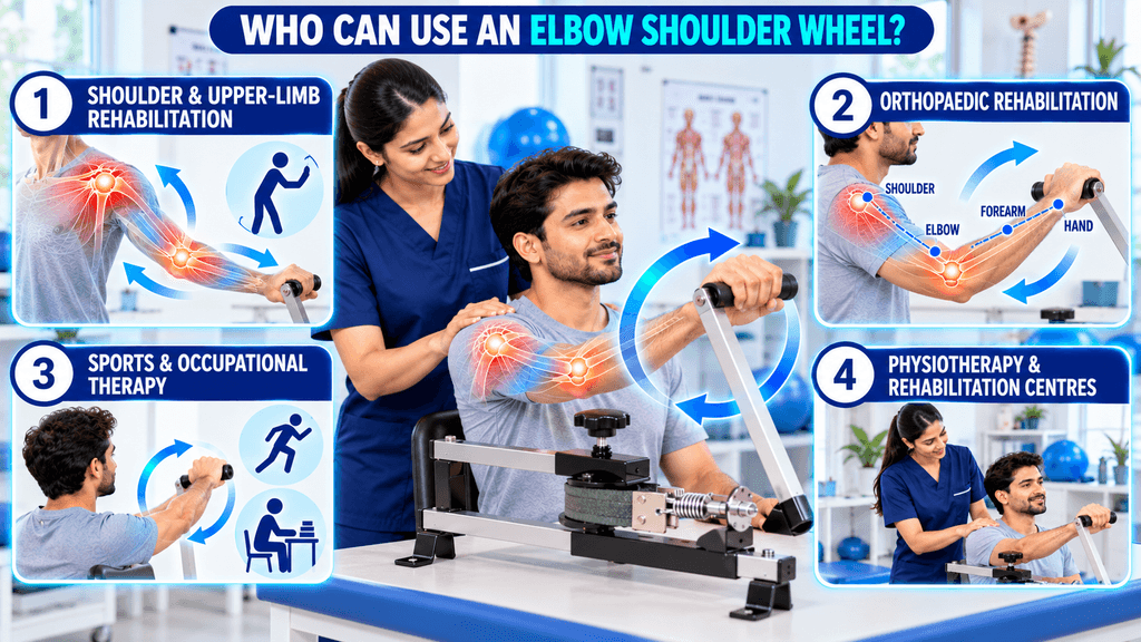 Who can use an Elbow Shoulder Wheel showing shoulder and upper-limb rehabilitation, orthopaedic rehabilitation, sports and occupational therapy, and physiotherapy and rehabilitation centre applications.