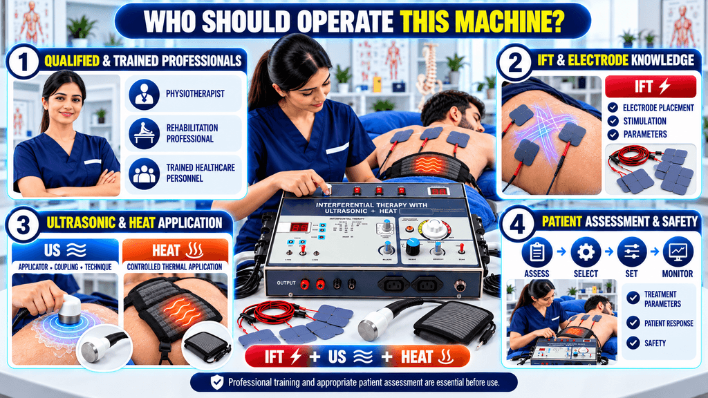 3-in-1 IFT + US + Heat Physiotherapy Machine Who should operate a 3-in-1 IFT, ultrasonic, and heat physiotherapy machine, highlighting professional training, electrode knowledge, ultrasonic and heat application, and patient safety.