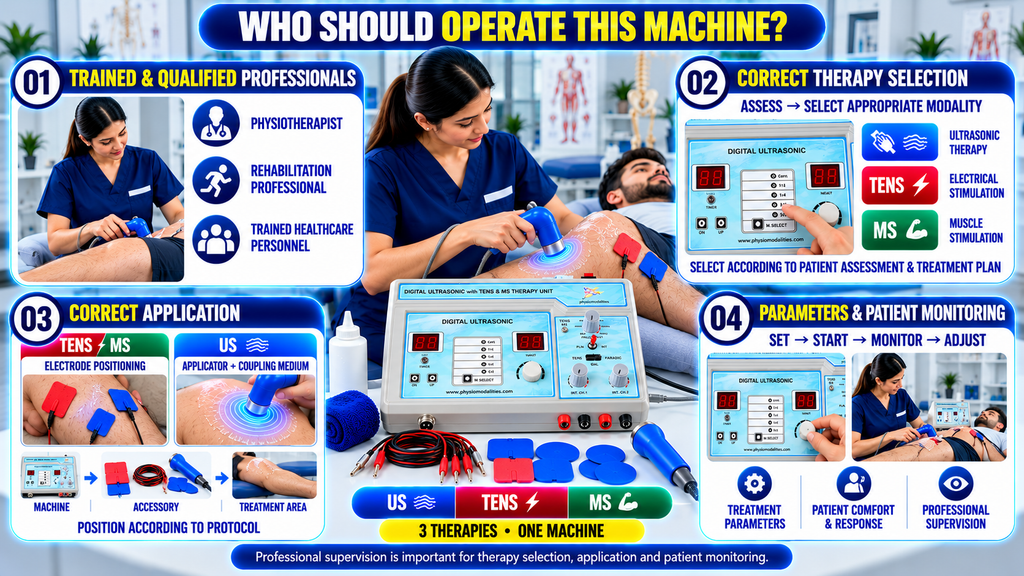 Who should operate a digital 3-in-1 physiotherapy machine combining ultrasonic therapy, TENS, and muscle stimulation, with professional supervision and patient monitoring.