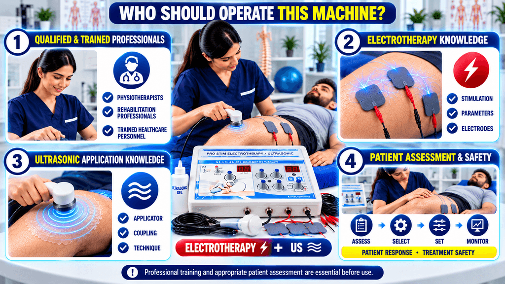 2 IN 1 Electrotherapy + US Physiotherapy Machine Who should operate a 2-in-1 electrotherapy and ultrasonic physiotherapy machine, highlighting trained professionals, electrotherapy knowledge, ultrasonic application skills, and patient safety.