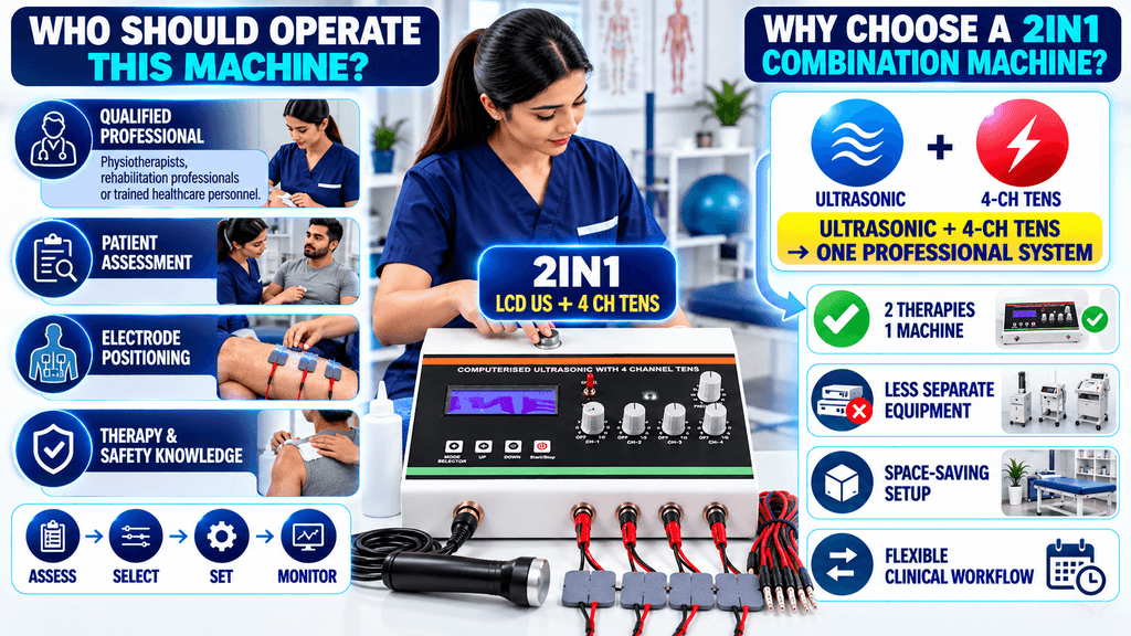 2-in-1 LCD TENS + Ultrasonic Therapy Machine Who should operate a2-in-1 LCD TENS + Ultrasonic Therapy Machine highlighting qualified professionals, patient assessment, electrode positioning, therapy safety knowledge, and the benefits of combining two modalities in one system. Pme Medical Device