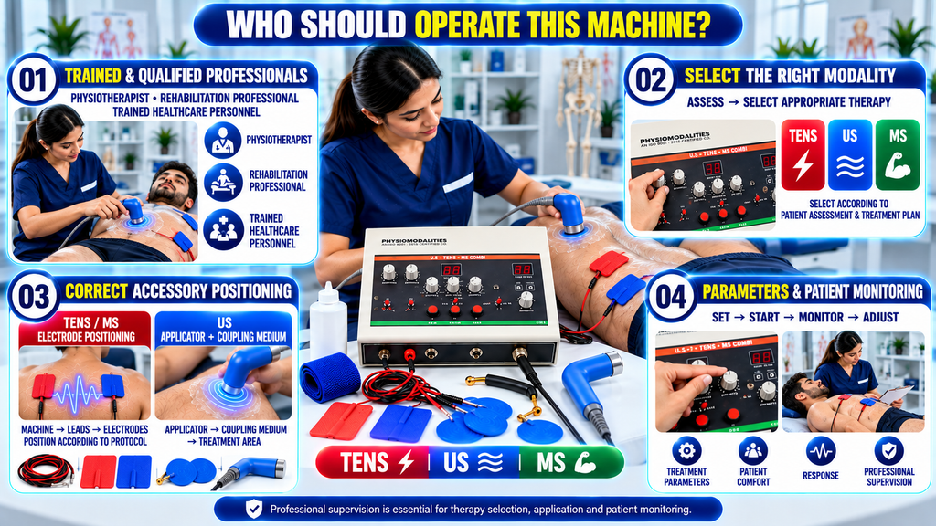 Who should operate a 3-in-1 TENS, ultrasonic and muscle stimulation physiotherapy machine, highlighting trained professionals, correct accessory positioning, therapy selection and patient monitoring.
